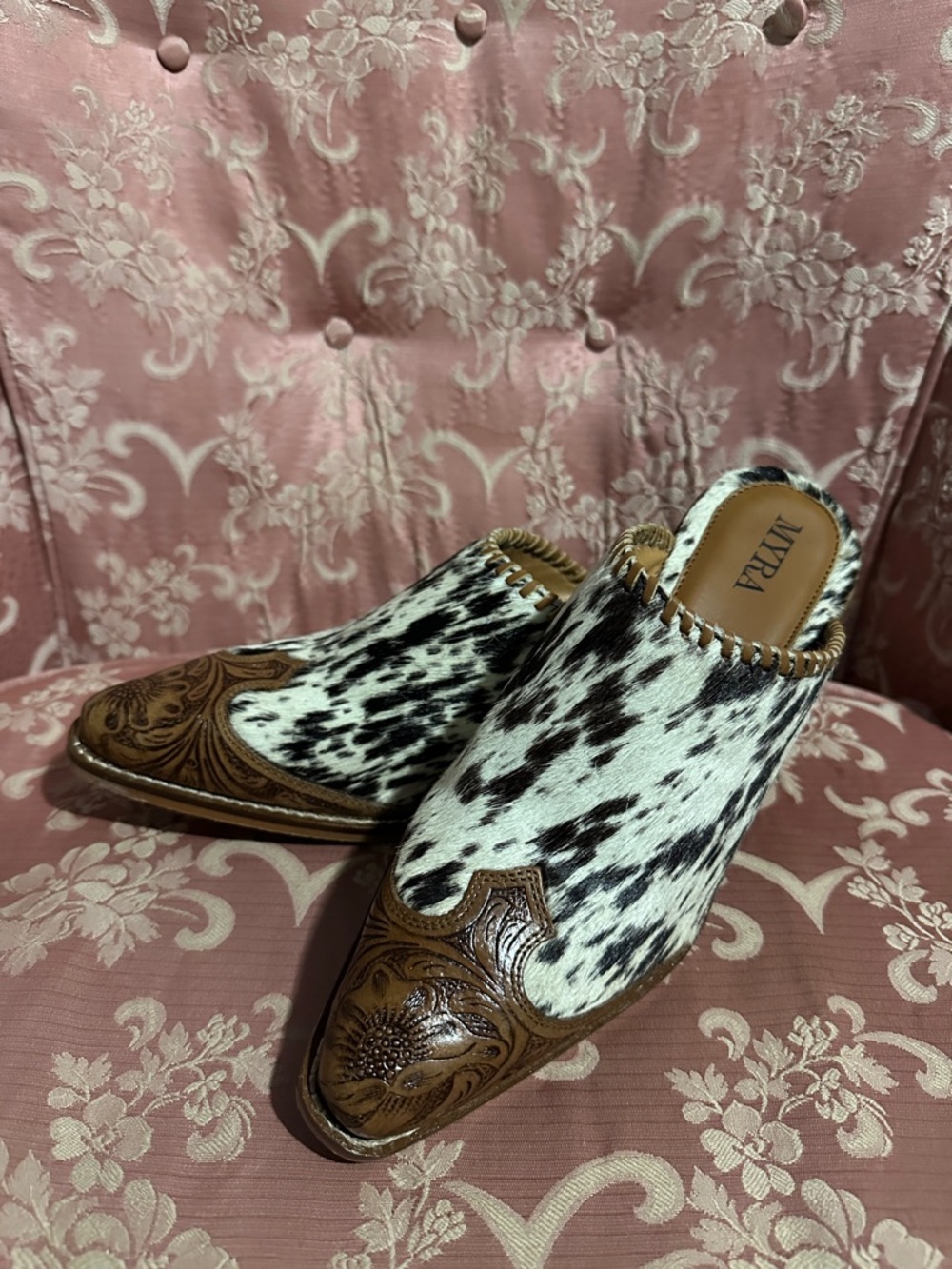 Myra Bag Black & White Haircalf Western-Inspired Mule with Brown Tooled Toe